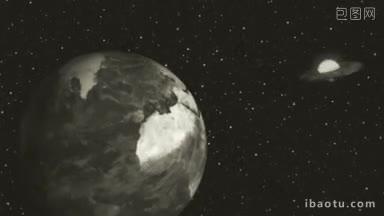 一个黑白复古主题的剪辑，三个外星ufo到达和盘旋在地球的太空